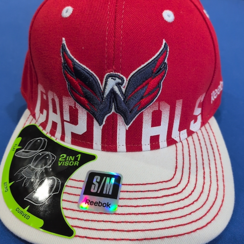 Sz Small/ Medium Reebok Washington Capitals 2 in 1 Hat Pro Shape Flat Brim Hat